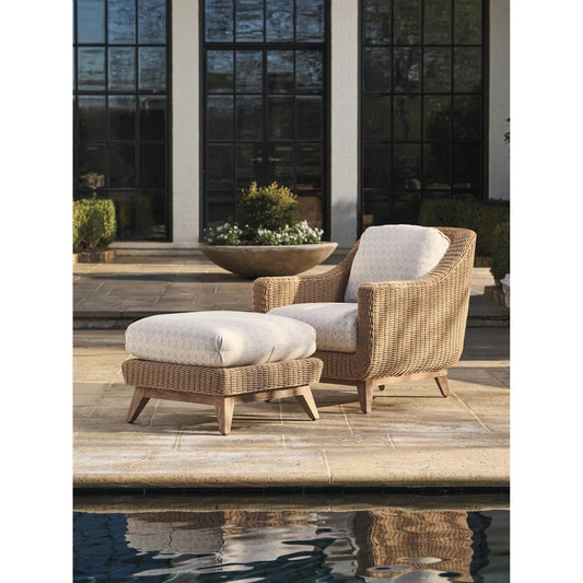 Isle of Palms Ottoman by Tommy Bahama Outdoor in beige, tan and brown. Made from teak, rattan, fabric in a unique style.