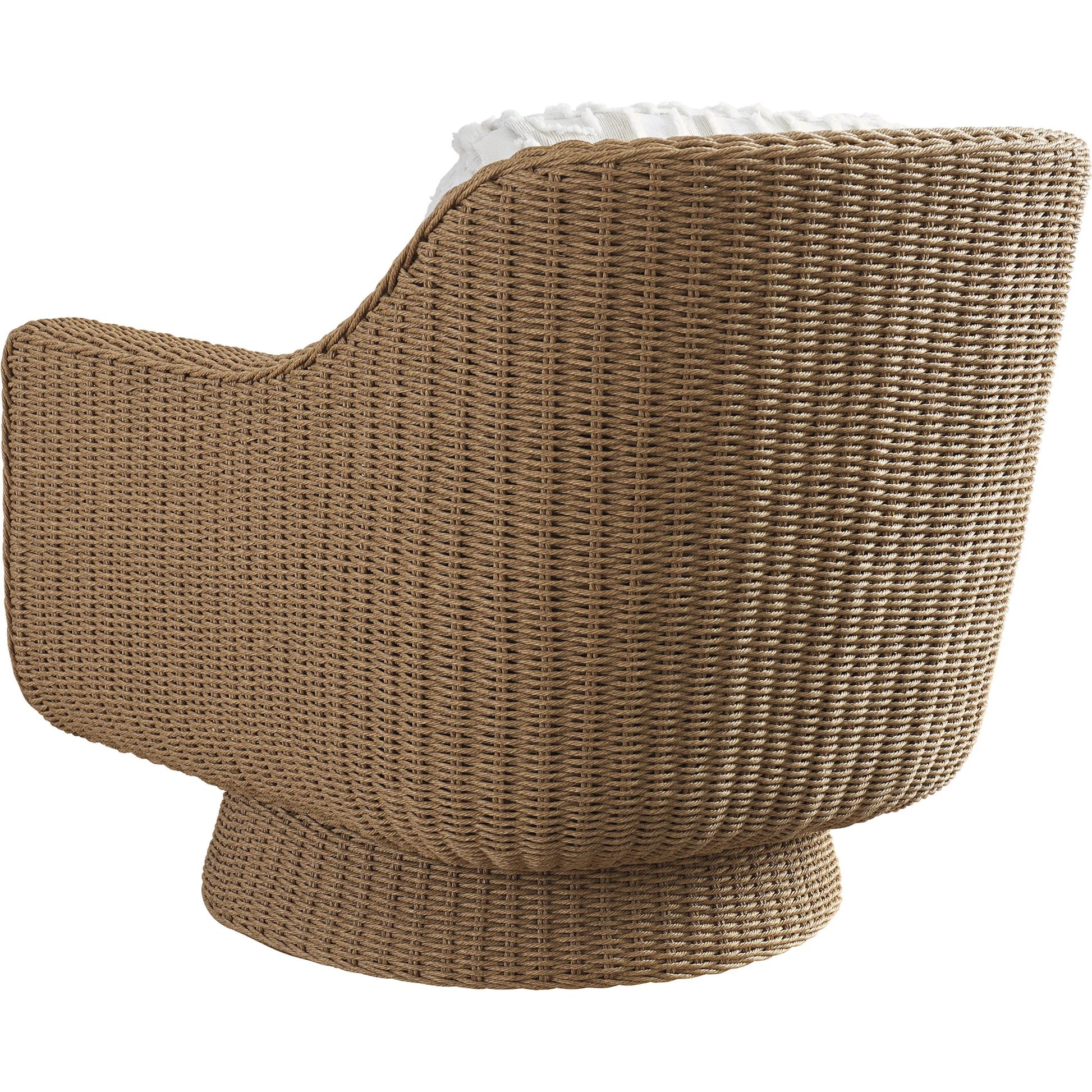 Isle of Palms Swivel Lounge Chair by Tommy Bahama Outdoor in white, ivory and brown. Made from teak, rattan, fabric in a unique style.