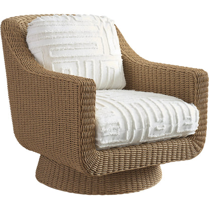 Isle of Palms Swivel Lounge Chair by Tommy Bahama Outdoor in white, ivory and brown. Made from teak, rattan, fabric in a unique style.