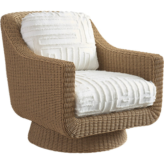 Isle of Palms Swivel Lounge Chair by Tommy Bahama Outdoor in white, ivory and brown. Made from teak, rattan, fabric in a unique style.