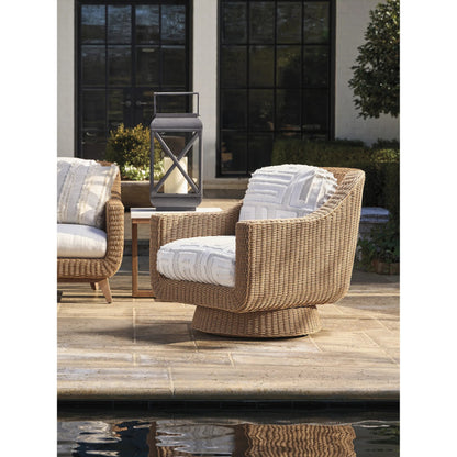 Isle of Palms Swivel Lounge Chair by Tommy Bahama Outdoor in white, ivory and brown. Made from teak, rattan, fabric in a unique style.