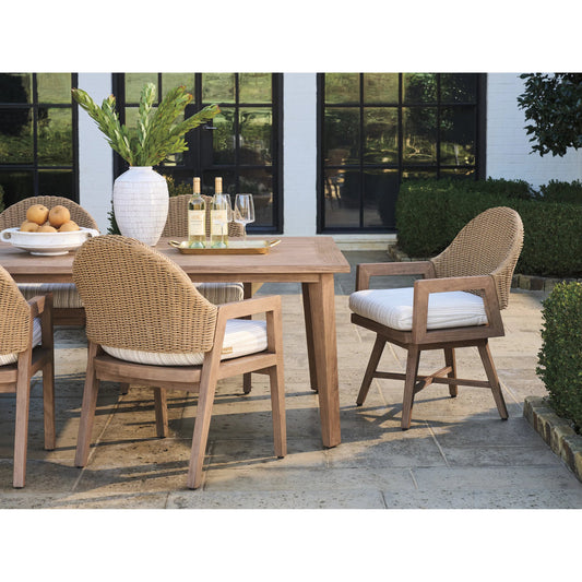 Isle of Palms Swivel Dining Chair by Tommy Bahama Outdoor in beige, tan and brown. Made from teak, rattan, fabric in a unique style.