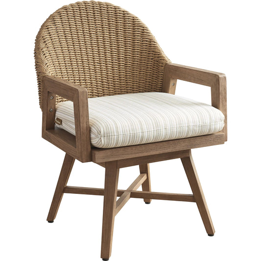Isle of Palms Swivel Dining Chair by Tommy Bahama Outdoor in beige, tan and brown. Made from teak, rattan, fabric in a unique style.