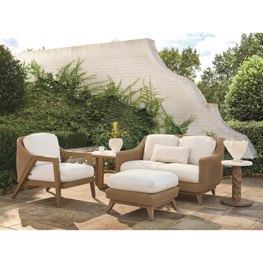 Isle of Palms Ottoman by Tommy Bahama Outdoor in white, ivory and brown. Made from teak, rattan, fabric in a unique style.