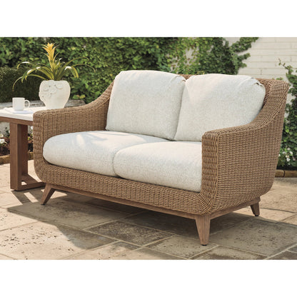 Isle of Palms Loveseat by Tommy Bahama Outdoor in white, ivory and brown. Made from teak, rattan, fabric in a unique style.