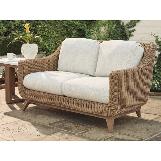 Isle of Palms Loveseat by Tommy Bahama Outdoor in white, ivory and brown. Made from teak, rattan, fabric in a unique style.