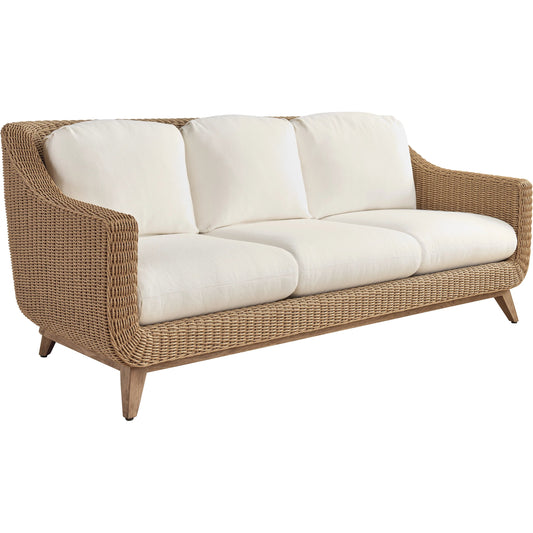 Isle of Palms Sofa by Tommy Bahama Outdoor in white, ivory and brown. Made from teak, rattan, fabric in a unique style.