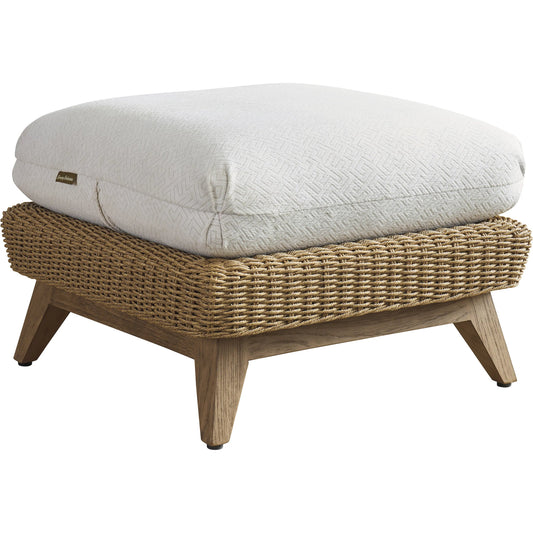 Isle of Palms Ottoman by Tommy Bahama Outdoor in white, ivory and brown. Made from teak, rattan, fabric in a unique style.