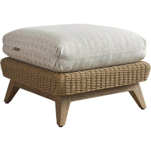 Isle of Palms Ottoman by Tommy Bahama Outdoor in beige, tan and brown. Made from teak, rattan, fabric in a unique style.