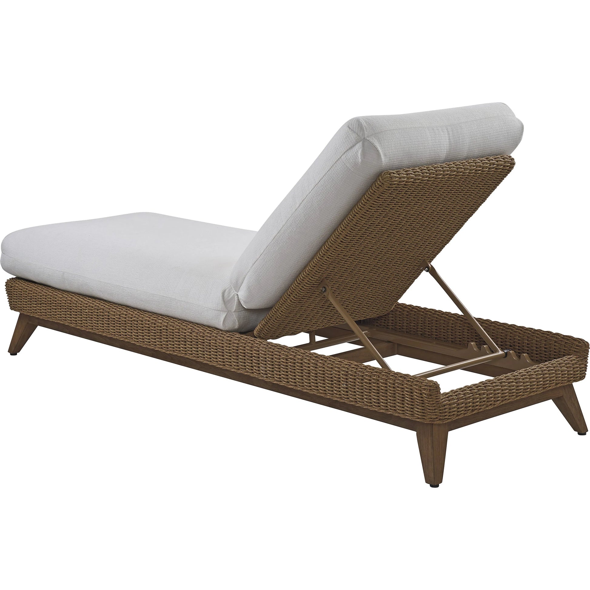Isle of Palms Chaise Lounge by Tommy Bahama Outdoor in white, ivory and brown. Made from teak, rattan, fabric in a unique style.