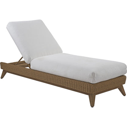 Isle of Palms Chaise Lounge by Tommy Bahama Outdoor in white, ivory and brown. Made from teak, rattan, fabric in a unique style.