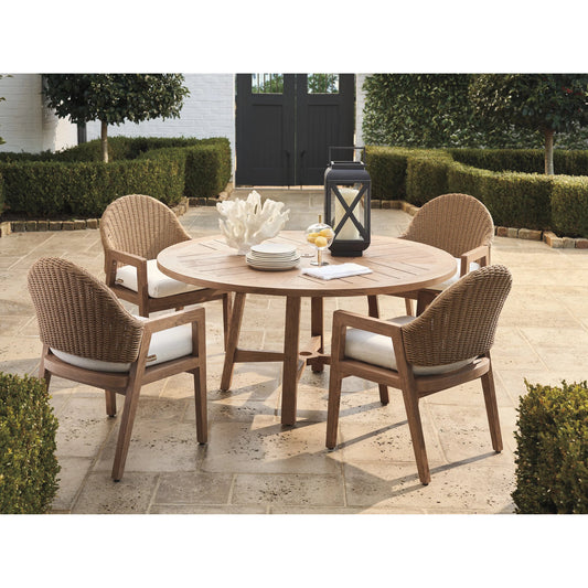 Isle of Palms Round Dining Table by Tommy Bahama Outdoor in brown. Made from teak in a unique style.