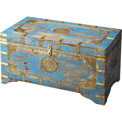 Neela Painted Brass Inlay Storage Trunk by Butler Specialty Company in blue and artifacts. Made from mango wood in a modern style.