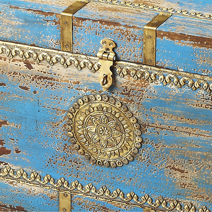 Neela Painted Brass Inlay Storage Trunk by Butler Specialty Company in blue and artifacts. Made from mango wood in a modern style.