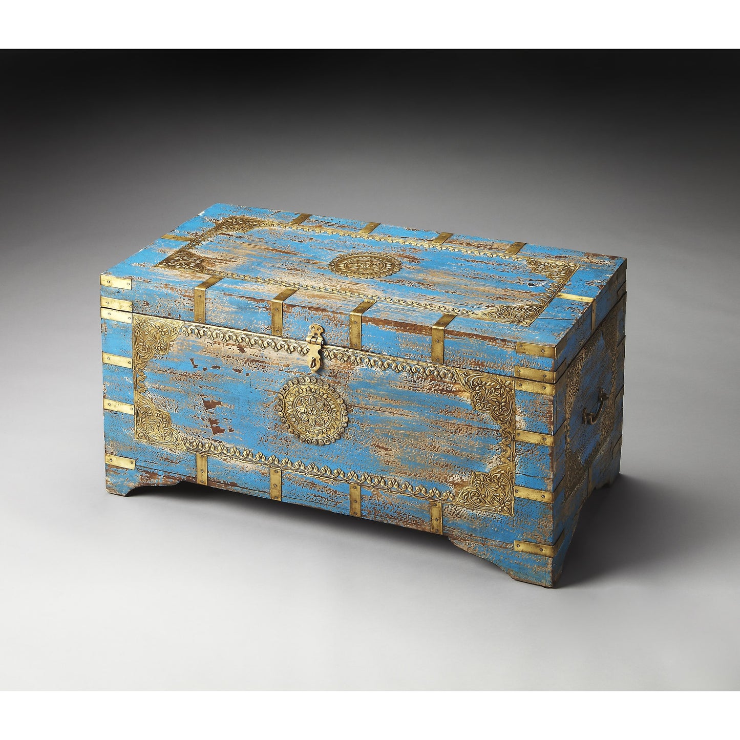 003 O-BUTLER-3387290 | Additional Silo | Neela Painted Brass Inlay Storage Trunk by Butler Specialty Company in blue and artifacts. Made from mango wood in a modern style.