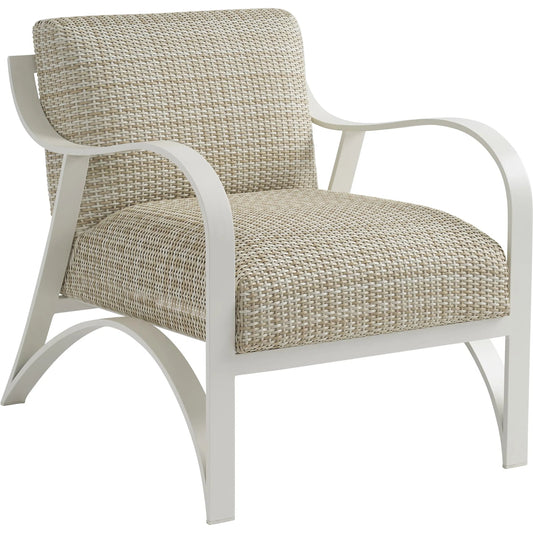 Sand Dune Arm Chair by Tommy Bahama Outdoor in tan and white. Made from all-weather wicker, aluminum in a unique style.