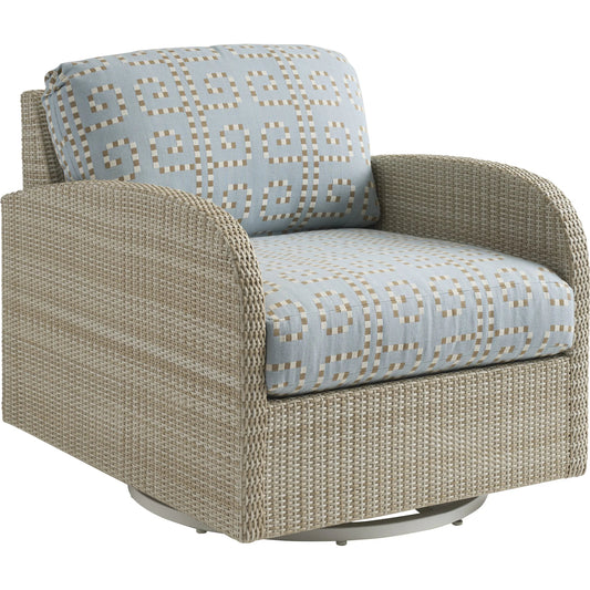 Sand Dune Swivel Lounge Chair by Tommy Bahama Outdoor in tan. Made from all-weather wicker in a unique style.