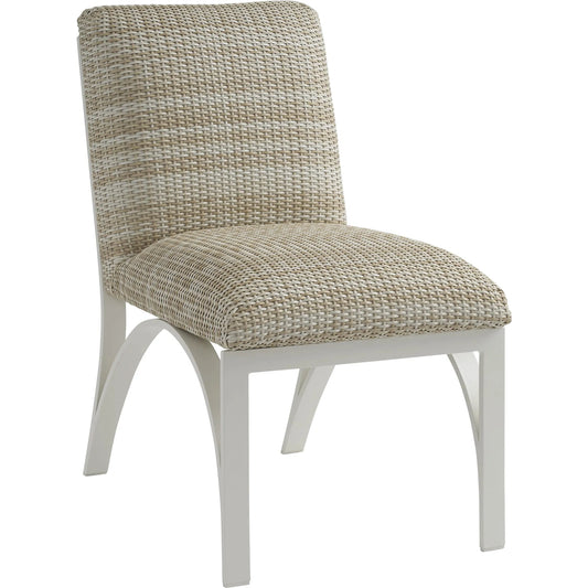 Sand Dune Side Dining Chair by Tommy Bahama Outdoor in tan and white. Made from all-weather wicker. aluminum in a unique style.