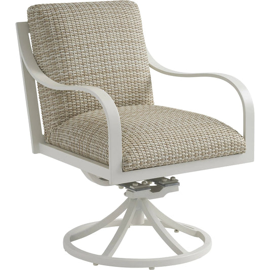 Sand Dune Swivel Rocker Dining Chair by Tommy Bahama Outdoor in tan and white. Made from all-weather wicker. aluminum in a unique style.