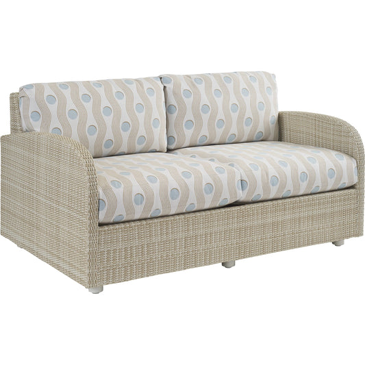 Sand Dune Loveseat by Tommy Bahama Outdoor in beige, ivory, blue and tan. Made from all-weather wicker in a unique style.
