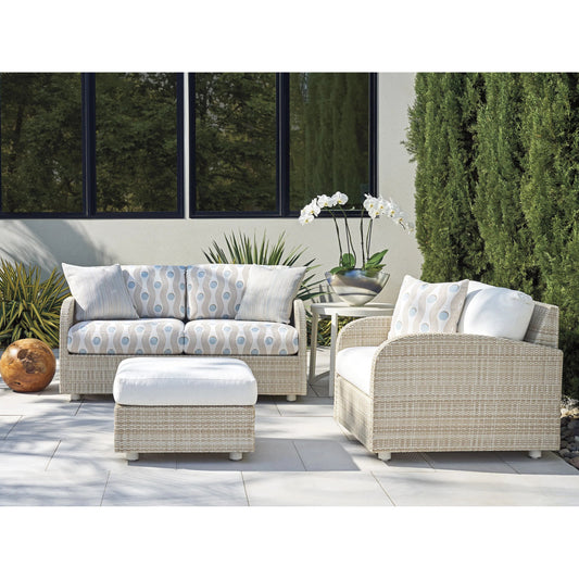 Sand Dune Loveseat by Tommy Bahama Outdoor in beige, ivory, blue and tan. Made from all-weather wicker in a unique style.