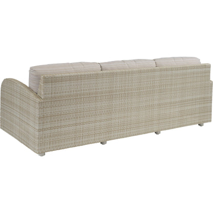 Sand Dune Sofa by Tommy Bahama Outdoor in tan and tan. Made from all-weather wicker in a unique style.