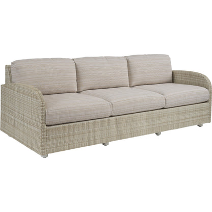 Sand Dune Sofa by Tommy Bahama Outdoor in tan and tan. Made from all-weather wicker in a unique style.