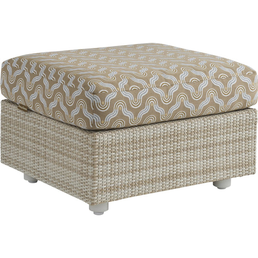 Sand Dune Ottoman by Tommy Bahama Outdoor in tan. Made from all-weather wicker in a unique style.
