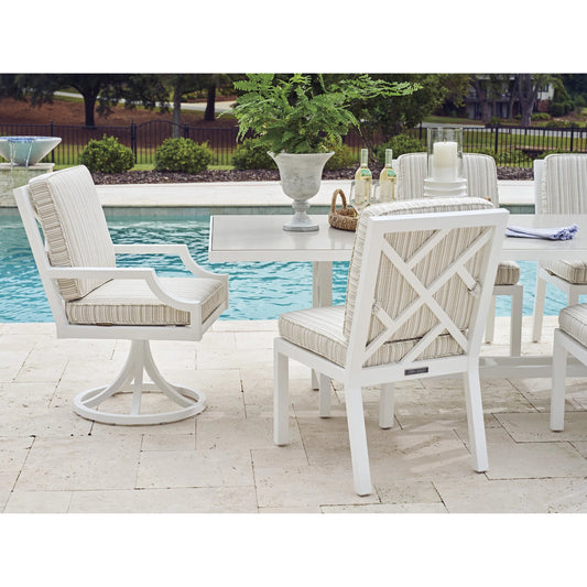 Island Classic Side Chair by Tommy Bahama Outdoor in beige, tan and white. Made from aluminum, fabric in a unique style.