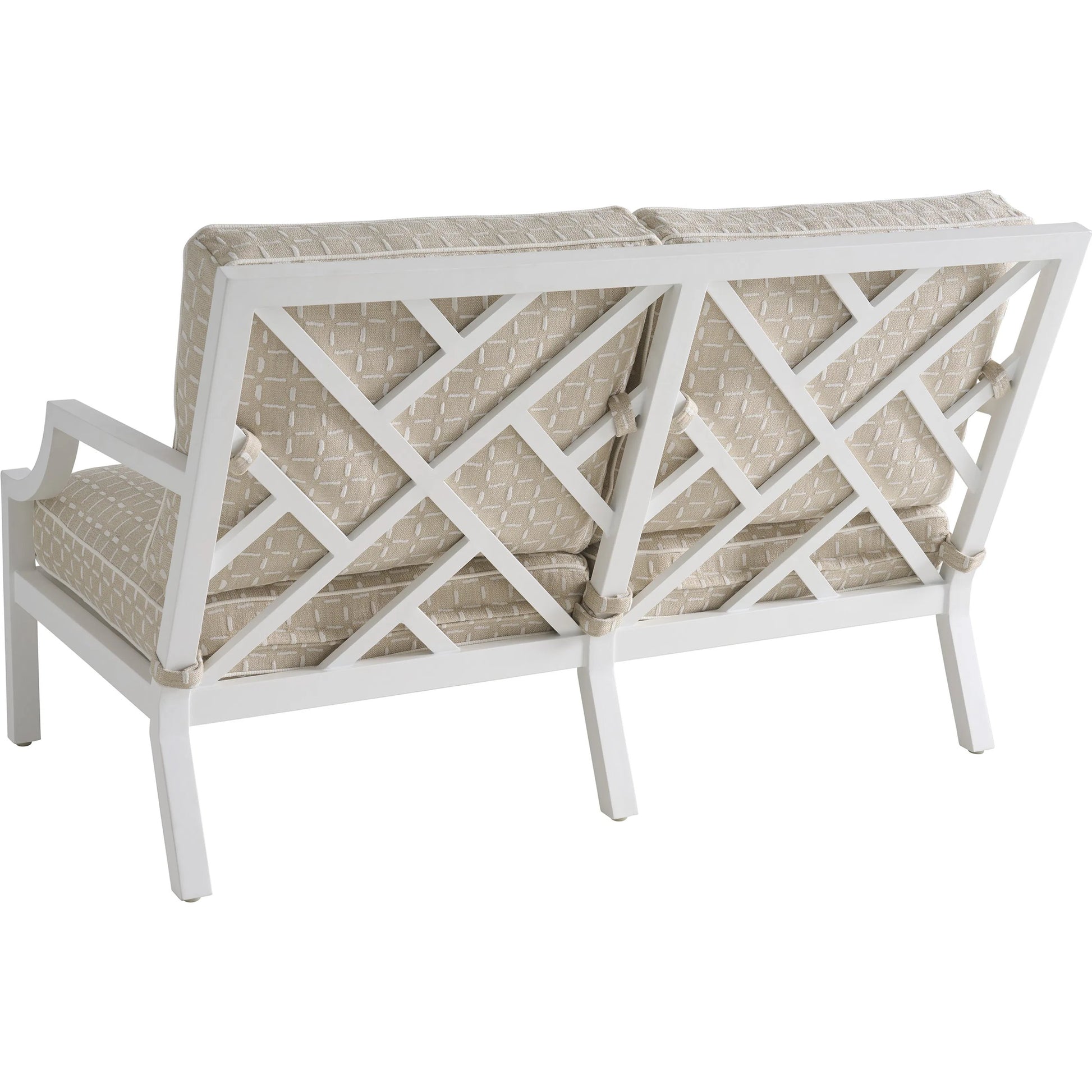 Island Classic Loveseat by Tommy Bahama Outdoor in beige, tan and white. Made from aluminum, fabric in a unique style.