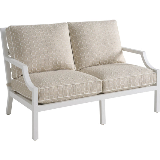 Island Classic Loveseat by Tommy Bahama Outdoor in beige, tan and white. Made from aluminum, fabric in a unique style.