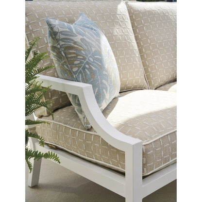 Island Classic Loveseat by Tommy Bahama Outdoor in beige, tan and white. Made from aluminum, fabric in a unique style.