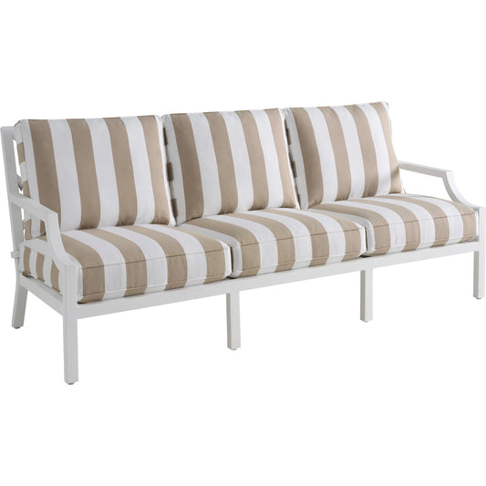 Island Classic Sofa by Tommy Bahama Outdoor in beige, tan and white. Made from aluminum, fabric in a unique style.
