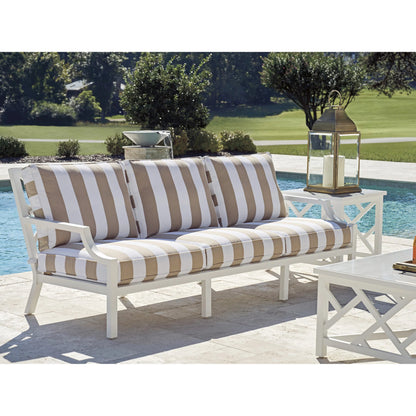 Island Classic Sofa by Tommy Bahama Outdoor in beige, tan and white. Made from aluminum, fabric in a unique style.