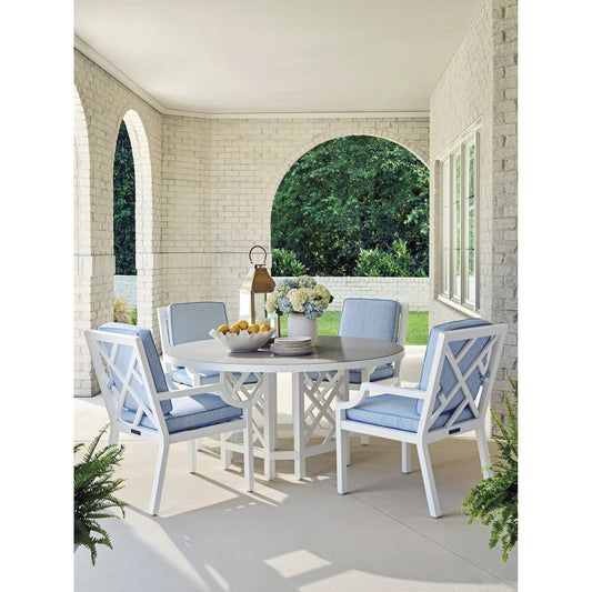 Island Classic Round Dining Table by Tommy Bahama Outdoor in white. Made from quartz, aluminum, fabric in a unique style.