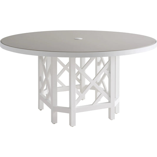 Island Classic Round Dining Table by Tommy Bahama Outdoor in white. Made from quartz, aluminum, fabric in a unique style.