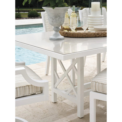 Island Classic Rectangular Dining Table by Tommy Bahama Outdoor in white. Made from quartz, aluminum, fabric in a unique style.