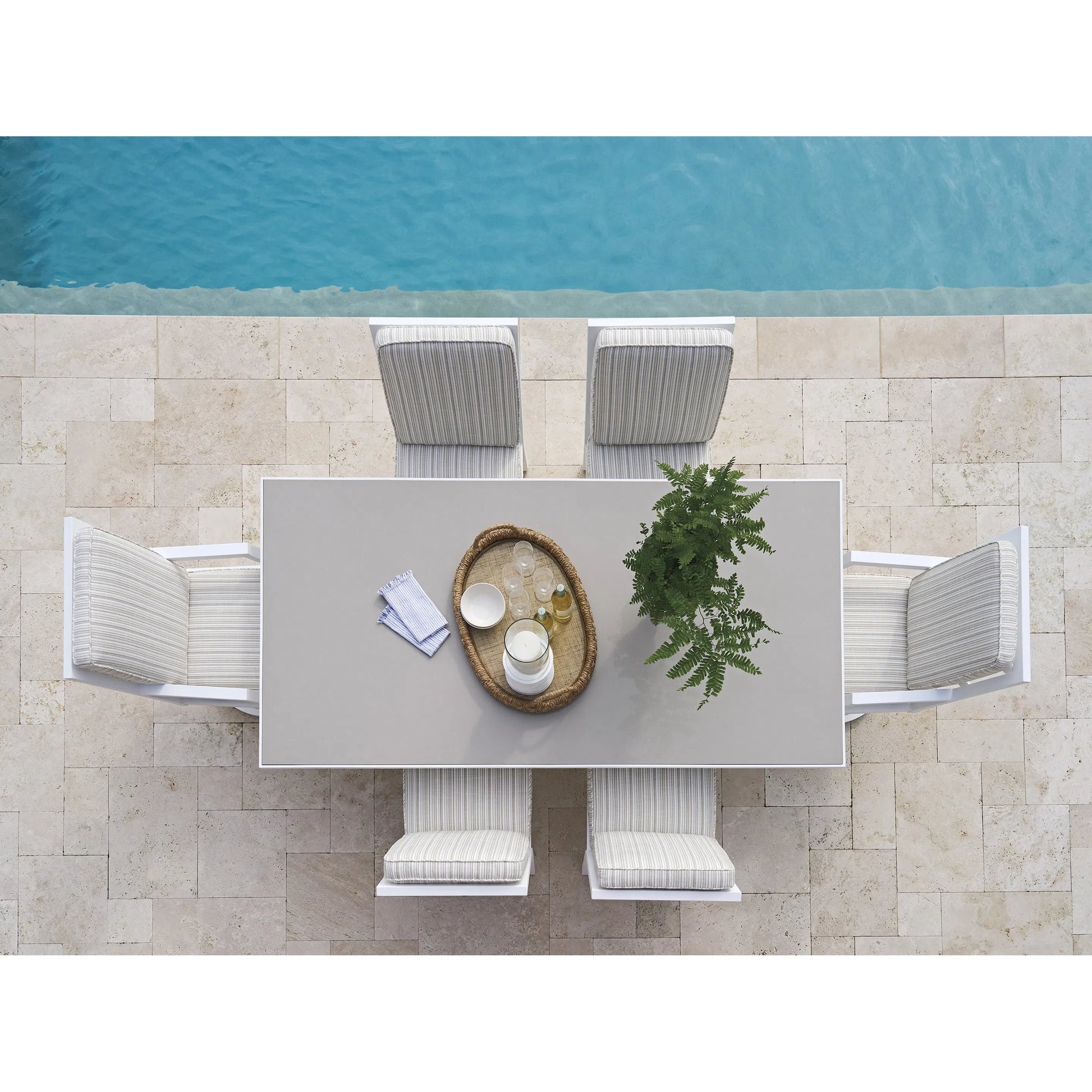 Island Classic Rectangular Dining Table by Tommy Bahama Outdoor in white. Made from quartz, aluminum, fabric in a unique style.