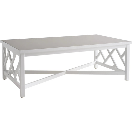 Island Classic Rectangular Cocktail Table by Tommy Bahama Outdoor in white. Made from quartz, aluminum, fabric in a unique style.