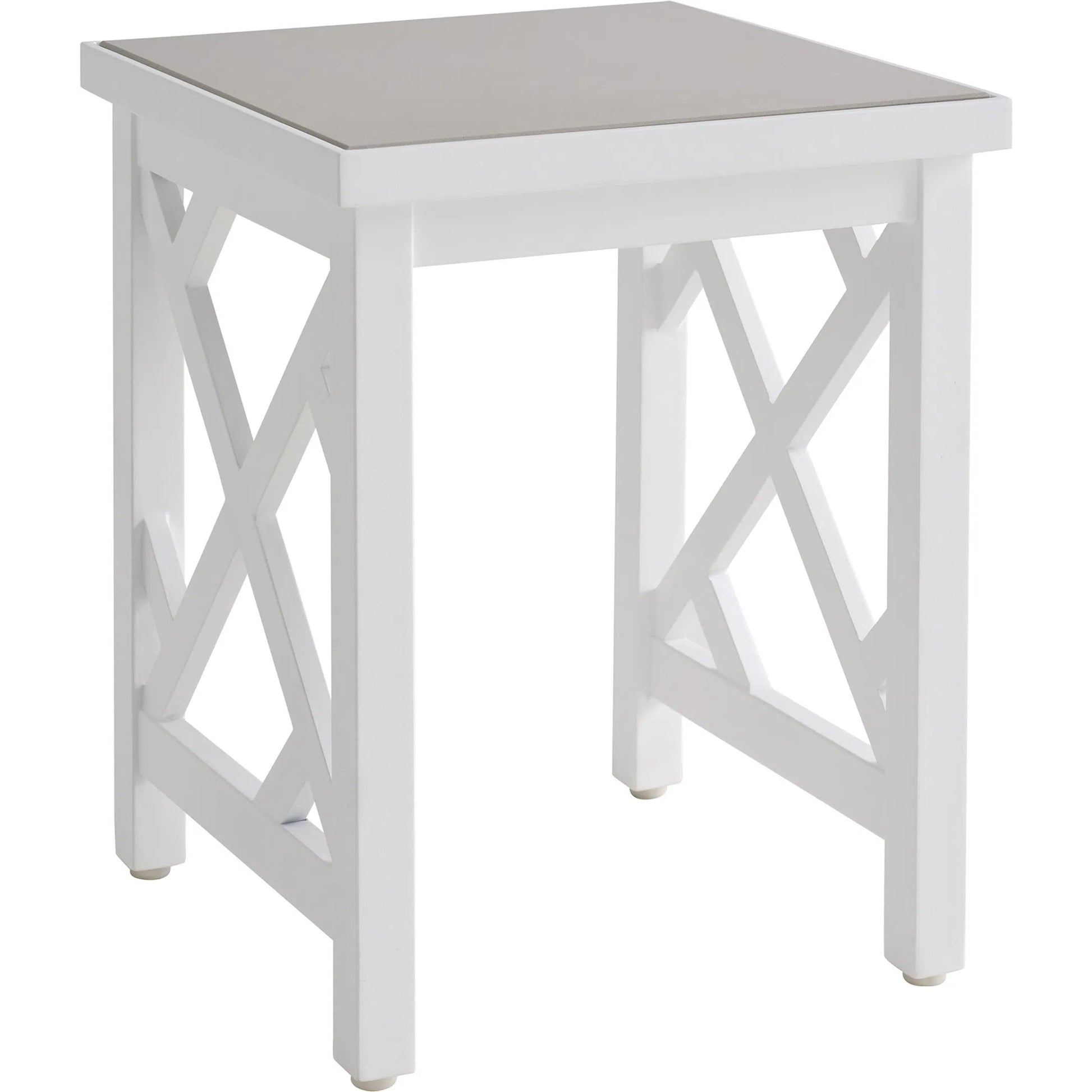Island Classic Accent Table by Tommy Bahama Outdoor in white. Made from quartz, aluminum, fabric in a unique style.