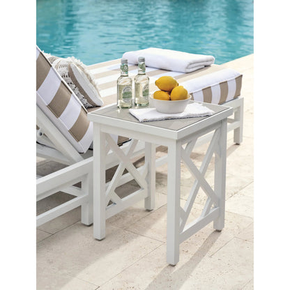 Island Classic Accent Table by Tommy Bahama Outdoor in white. Made from quartz, aluminum, fabric in a unique style.