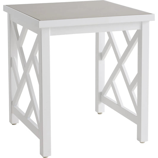 Island Classic Square End Table by Tommy Bahama Outdoor in white. Made from quartz, aluminum, fabric in a unique style.