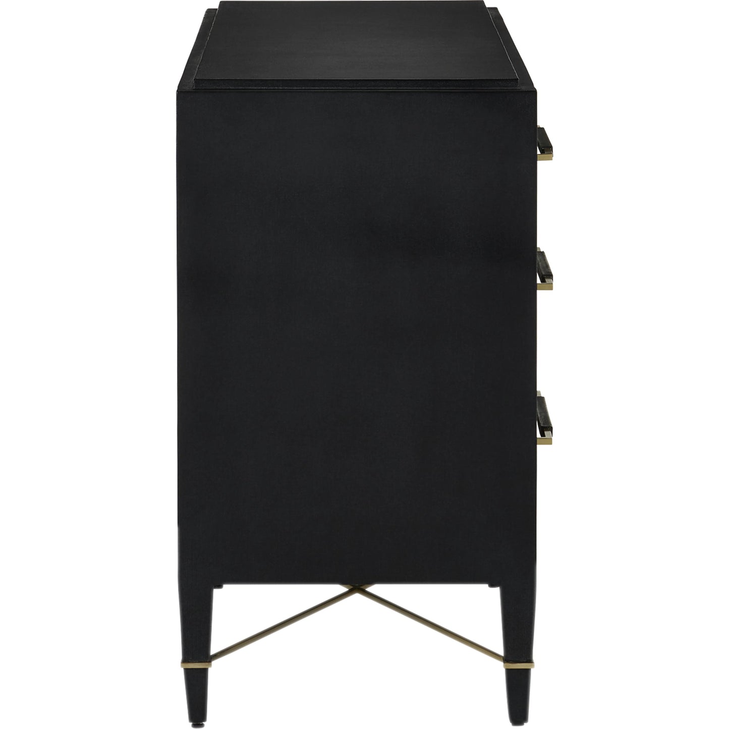015 SI-2007903 | Additional Silo | Verona Three-Drawer Chest by Currey and Company in lacquered black linen, champagne. Made from black linen, mahogany, brass, iron in a traditional style.