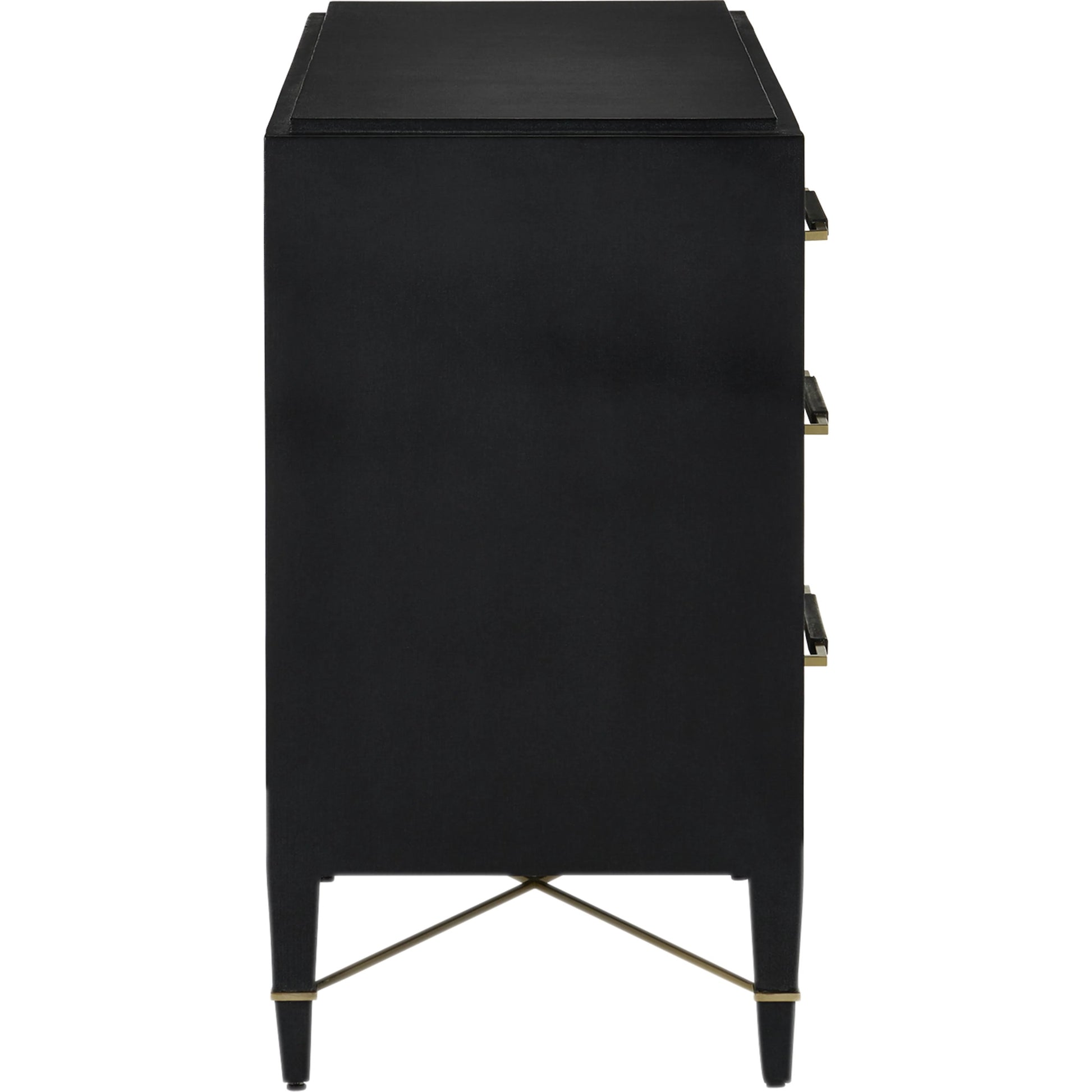 Verona Three-Drawer Chest by Currey and Company in lacquered black linen, champagne. Made from black linen, mahogany, brass, iron in a traditional style.