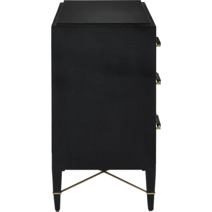 Verona Three-Drawer Chest by Currey and Company in lacquered black linen, champagne. Made from black linen, mahogany, brass, iron in a traditional style.