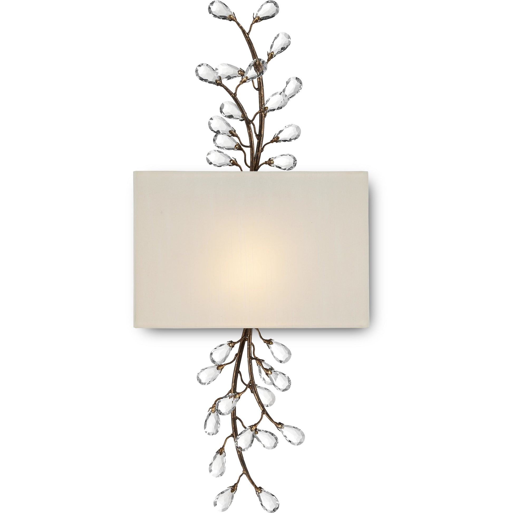 Crystal Bud Tall Wall Sconce by Currey and Company in cupertino. Made from wrought iron, crystal in a modern style.