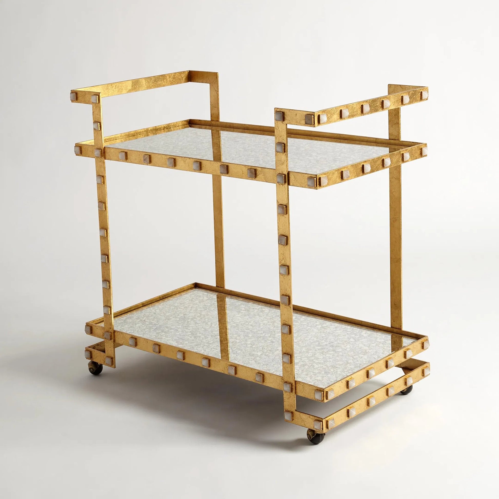 Quartz Stud Bar Cart by Global Views in gold leaf. Made from steel, quartz, mdf in a unique style.