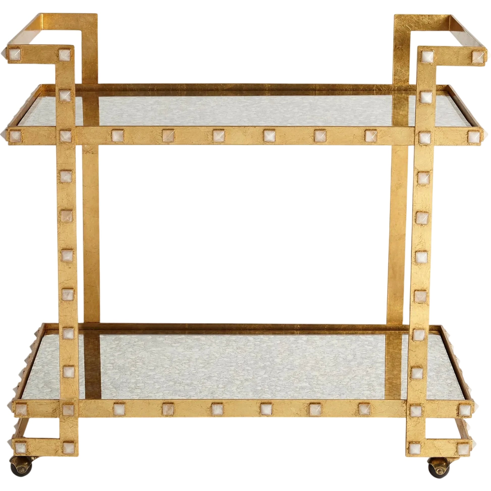 Quartz Stud Bar Cart by Global Views in gold leaf. Made from steel, quartz, mdf in a unique style.