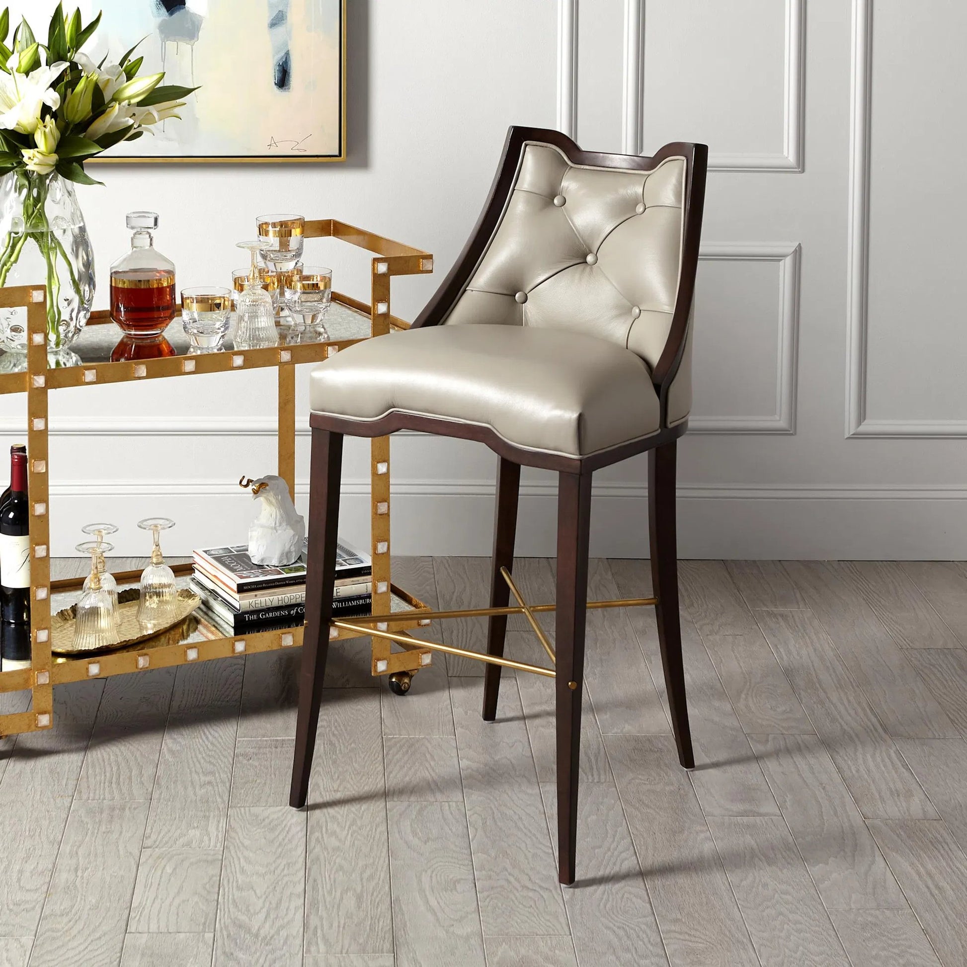 Quartz Stud Bar Cart by Global Views in gold leaf. Made from steel, quartz, mdf in a unique style.