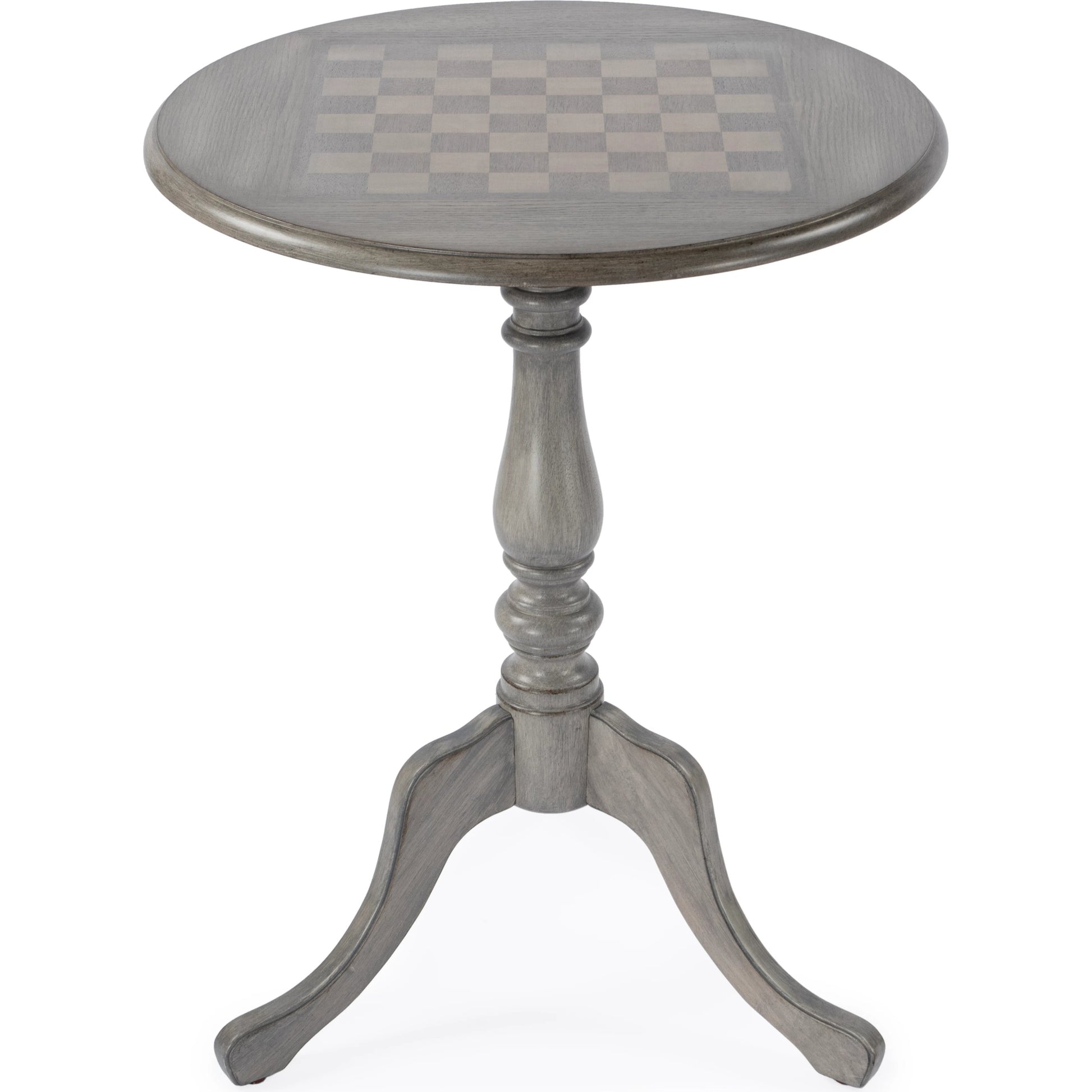 Colbert Pedestal Game Table by Butler Specialty Company in gray and powder gray. Made from rubberwood, cherry maple walnut veneer in a cottage & farmhouse style.